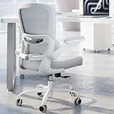 TRALT Chaise de bureau ergonomique – Chaise de bureau avec soutien lombaire réglable – Chaise confortable en maille avec accoudoirs rabattables – Chaises de jeu pour adultes (cuir, blanc)