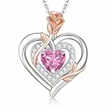 LAVUMO Collier Femme argent Sterling 925 Pendentif Coeur Rose Fleur Pierre Naissance Bijoux Cadeau Anniversaire Femme Copine Maman Cadeau Noël Saint Valentin Fête des Mères (Argent-10-Octobre)