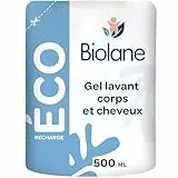 BIOLANE - Gel douche corps et cheveux 2 en 1 - Eco Recharge - Gel lavant - 500ml - 97% Origine Naturelle - Doux - Peaux Sensible - Cheveux Fins - Bébé - Fabriqué en France