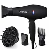 Basuwell Sèche Cheveux Professionnel 2100W, Salon Sèche-Cheveux avec Diffuseur,Peigne et Buse, Puissant AC Moteur (Noir)