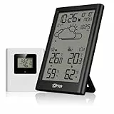 Optus Station météo sans fil avec capteur extérieur, horloge DCF, avertissement de gel, affichage de la température et de l'humidité intérieure et extérieure, noire