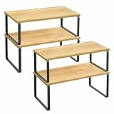 SONGMICS Étagère à Épices, Lot de 4, Organisateur de Placard, Étagère de Rangement de Cuisine Extensible, Porte-épices Empilable, Métal, Bois d’Ingénierie, Noir d'Encre et Beige Naturel KCS210B01