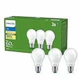 Philips, lot de 3 ampoules LED classe énergétique A, culot E27 équivalent 60W, Blanc chaud 2700K, dépolie