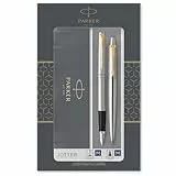 Parker Jotter Duo coffret-cadeau avec stylo bille et stylo plume , acier inoxydable avec attributs or , recharge et cartouches d’encre bleue , coffret-cadeau