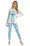 Disney Pyjama Femme Hiver, Pyjama Stitch, Ensemble de Pyjama Long, Vêtements de Nuit Femme Fille Ado Tailles S-XL (Gris/Bleu Stitch, S)