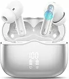 Ecouteurs Bluetooth Sans Fil, Écouteurs Bluetooth 5.3 Hi-FI Son Stéréo avec 4 ENC Réduction Antibruit Mic Casque, 40H Récréation, IP7 Étanche Oreillette, Contrôle Tactil pour iOS Android, Argent