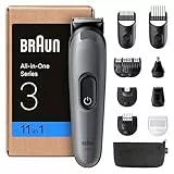 Braun Kit De Rasage Tout-En-Un Series 3, 11-En-1, Lame Ultra-Affûtée, 14 Longueurs, Coupe Précise Pour Visage Et Cheveux, Autonomie De 50 Min, Style Facile Et Rapide, AIO3565, Gris