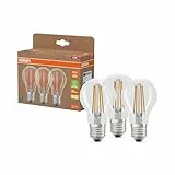 OSRAM Lampes LED haute efficacité avec classe énergétique A, pack avantage de 3 lampes, remplace les ampoules 60W classiques, forme de poire, blanc chaud (2700K), E27, verre filament