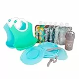 Twistshake Coffret Repas Bébé Click-Mat Mini + Assiette, 2 Bavoirs, Gourde Bébé, 6x Gourdes Compote, Sans BPA, Bleu/Vert 78817