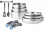 Arthur Martin, Ensemble de Cuisine 10 pièces en Acier Inoxydable - 3 Poêles (20-22-26 cm) et 3 Casseroles (16-18-20 cm) + Ustensiles, Poignées Ergonomiques, Tous Feux Induction, Graduation Intérieure