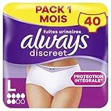 Always Discreet, 40 Culottes Incontinence Femme, Normal 5 Gouttes, Sous-Vêtements Taille L, Blanc, Protection Très Absorbante pour Fuites Urinaires Importantes ou post accouchement, Pack 1 Mois