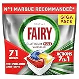 Fairy Platinum Plus Tablettes Lave-Vaisselle Tout En 1 Citron, 71 Capsules, Technologie Anti-terne, Redonne l'Éclat, Prévient le Calcaire, Efficace en Cycles Courts