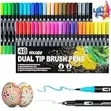 Mezzar Feutres Coloriage, 48 Couleurs Feutres Double Pointe Feutres Aquarelle Stylos Pointe 0.4mm et 1-2mm Stylo Dessin Adulte Enfants pour Dessin Journal Doodling Scrapbooking Manga