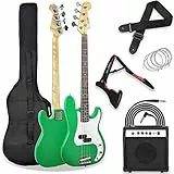 3rd Avenue Pack Guitare Basse Électrique 4/4 Taille Standard pour Débutants avec Amplificateur 15 W, Housse, Jack, Sangle, Stand et Jeu de Cordes de Rechange – Vert