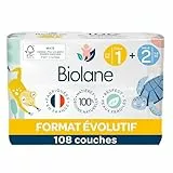 BIOLANE - Couches Bébé Taille 1 & 2 – Duo évolutif naissance (2 à 6 kg) – Peaux Sensibles - Ultra-Absorbant, Pas de Fuite, jusqu'à 12h au Sec - T1 x 54 couches & T2 x 54 couches - Fabriqués en France