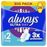Always Ultra Serviettes Hygiéniques, Taille 2, Long, 26 Serviettes Avec Ailettes, Flux Modérés Jour, Max Confort, Super Absorbantes et Ultra Fines