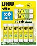 UHU Stic - Bâtons de colle sans solvants, blanche, lot 6 stics de 8,2g + 2 stics Renature de 8,2g