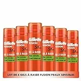 Gillette Fusion Gel À Raser Pour Homme À L’huile D’amande, Pour Les Peaux Sensibles, X5 Actions : Nettoie, Hydrate, Protège, Rafraîchit Et Apaise, 6x200ml