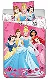 Parure de Lit Princesses Disney Hearts, 100% Coton, Housse de Couette Réversible 140x200 cm + Taie d'oreiller 65x65 cm, avec Ariel, Jasmine, Cendrillon, Belle et Blanche-Neige