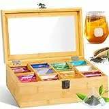 GUHAOOL Boîte à thé, Boîte à thé en Bois avec 10 Compartiments 29.5 x 16 x 9 cm, Boîte à thé avec Couvercle Fenêtre Transparente, Conservation du thé, Boîte à Sachets de thé pour Conserver les Arômes