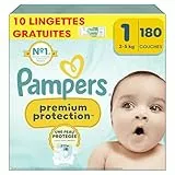 Pampers Premium Protection Taille 1, 180 Couches + 10 Lingettes Harmonie Aqua, 2-5kg, Double Protection pour la peau et contre les fuites