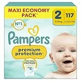 Pampers Premium Protection Taille 2, 117 Couches, 4kg-8kg, Double Protection Pour La Peau Et Contre Les Fuites