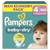 Pampers Baby-Dry Taille 4, 108 Couches, 9kg-14kg, Une Nuit Confortable Jusqu’À 100% Sans Fuites