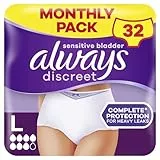 Always Discreet, 32 Culottes Incontinence Femme, Plus 6 Gouttes, Sous-Vêtements Taille L, Blanc, Protection Très Absorbante pour Fuites Urinaires Importantes ou post accouchement, Pack 1 Mois