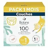 BIOLANE - Couches bébé taille 1 - (2-5 kg) - Peaux Sensibles - Ultra-Absorbant, Pas de Fuite, jusqu'à 12h au Sec - Confort & Protection - Pack 1 mois 162 couches - Fabriqué en France