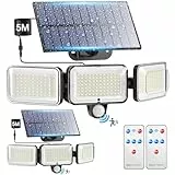 PIKOY Lot de 2 lampes solaires de sécurité extérieures avec détecteur de mouvement, 224 LED + 2000 lm + 300 ° grand angle d'éclairage de sécurité extérieur, télécommande 4 modes, lampes solaires de