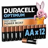 DURACELL Optimum Piles AA (Lot de 12) – Piles Alcalines 1,5V – +200 % d’actifs Power Boost – Répondent aux exigences des appareils modernes–100 % Recyclables, 0 % de plastique dans l’emballage–MX1500