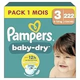 Pampers Baby-Dry, Taille 3, 222 Couches, 6-10kg, Une nuit jusqu'à 100% sans fuites avec la Poche Stop & Protect à l’arrière de la couche, Pack 1 Mois