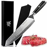 Sunlong Couteau de chef damas 254mm Gyuto en acier damas japonais, manche en bois de plomb naturel avec poche pour couteau en flanelle