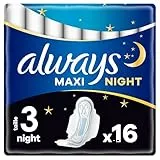 Always Maxi Serviettes Hygiéniques, Taille 3, Night, 16 Serviettes Avec Ailettes, Flux Très Abondants Nuit, Cœur Ultra Absorbant et Barrières Anti-Fuites