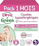 Love & Green - Couches Bébé Saines et Ecologiques - Taille 4+ (9-20 kg) - Pack 1 Mois (168 Couches) - Absorbante, anti-fuites et sans ingrédients indésirables
