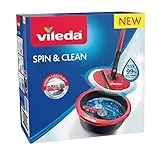 Vileda Spin & Clean Kit Complet Lavage Sol, Système d'essorage Manuel activé par Le Manche, Seau doté d'un Rouleau de Lavage innovant pour Une Housse Toujours Propre, tête de Balai 100% Microfibre