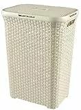 CURVER Coffre à Linge Style 60L - Bac à Linge Sale avec Couvercle - Aspect Rotin Texturé, Bonne Aération - Poignées Ergonomiques - Pour Salle de Bain ou Buanderie - 44,8x34,1x61,5 cm - Ivoire