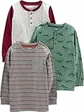 Simple Joys by Carter's Long-Sleeve Shirts, Pack of 3 Chemise, Gris Foncé Rayures/Gris Points/Vert Épicéa Dinosaure, 18 Mois (Lot de 3) Garçon