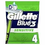 Gillette Lot De 4 Rasoirs Jetables Pour Hommes Blue 3 Sensitive, A 3 Lames Et Avec Une Tête Pivotante, Une Bande Lubrifiante Pour Un Rasage Du Visage En Douceur