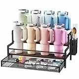 Kssiaz Organisateur de Bouteilles d'eau pour Stanley, Porte-Gobelet pour Stanley à 2 Étages pour 8 Coupes, Organisateur de Tasses avec Tiroir, Présentoir à Tasses pour Rangements de Cuisine, Marron