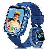 RUXINGX Montre Connectée Enfant GPS, 4G Montre Intelligente avec Carte Sim/SOS/Mode Classe/Appels Vidéo/Chat Vocal/Téléphone/Podomètre/Réveil/Jeux, IP68 Étanche Smartwatch pour Garçons Filles, Bleu