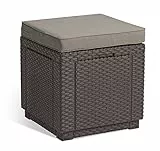 Keter Allibert by Cube Tabouret avec Espace de Rangement, Coussin, Couvercle Amovible, Aspect rotin Plat, résistant aux intempéries, Marron, 42 x 42 x 39 cm