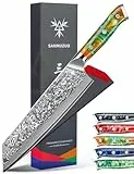 SANMUZUO Couteau Kiritsuke de 22cm - Couteau de Chef en Damas - Japonais en Acier de Damas 67 Couches Couteau de Cuisine - Manche en Résine (Orange Fantastique) - Xuan Série