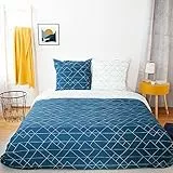 CÔTE DECO Parure de lit 2 Personnes avec Housse de Couette 220x240 cm + 2 taies d'oreiller 63x63cm géométrique Bleu (240x220cm)