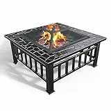 VOUNOT® Brasero Exterieur avec Couverture en Maille Poêles à Bois Multifonctionnelle pour Jardin Terrasses Balcon Poêle Chauffant 81x81x45cm Noir