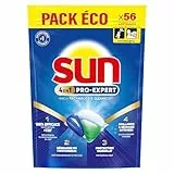 Sun - Pro Expert - Pastilles Lave Vaisselle - Action 4 en 1 - Regular - Elimine 100% des taches brûlées de +72h - dégraissent en Profondeur - 56 Capsules