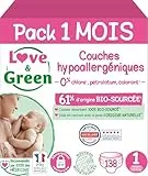 Love & Green - Couches Bébé Saines et Ecologiques - Taille 1 (2-5 Kg) - Pack 1 Mois (138 Couches) - Absorbante, anti-fuites et sans ingrédients indésirables