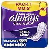 Always Discreet Extra Sûre, 48 Serviettes Hygiéniques Incontinence Femme, Ultimate Jour 6 Gouttes, Protection Absorbante pour Fuites Urinaires Importantes de Jour, Pack 1 Mois