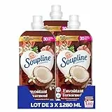 SOUPLINE Adoucissant Linge Concentré Senteur Fleurs Blanches & Notes de Noix de Coco, Assouplissant Linge Formule Améliorée pour Plus de Parfum*,Assouplissant Textile Liquide, Soupline Lot de 3x1,28L