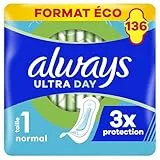 Always Ultra Serviettes Hygiéniques, Taille 1, Normal, 136 Serviettes Sans Ailettes, Flux légers Jour, Format Eco, Max Confort, Super Absorbantes et Ultra Fines